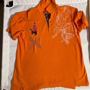 Vintage Artful Dodger Polo Shirt XL Bright Orange 100%Cotton Embroidered Graphic